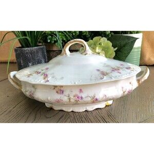 Antique Theodore Haviland Limoges Floral Oval Lidded Vegetable Server Gold Trim